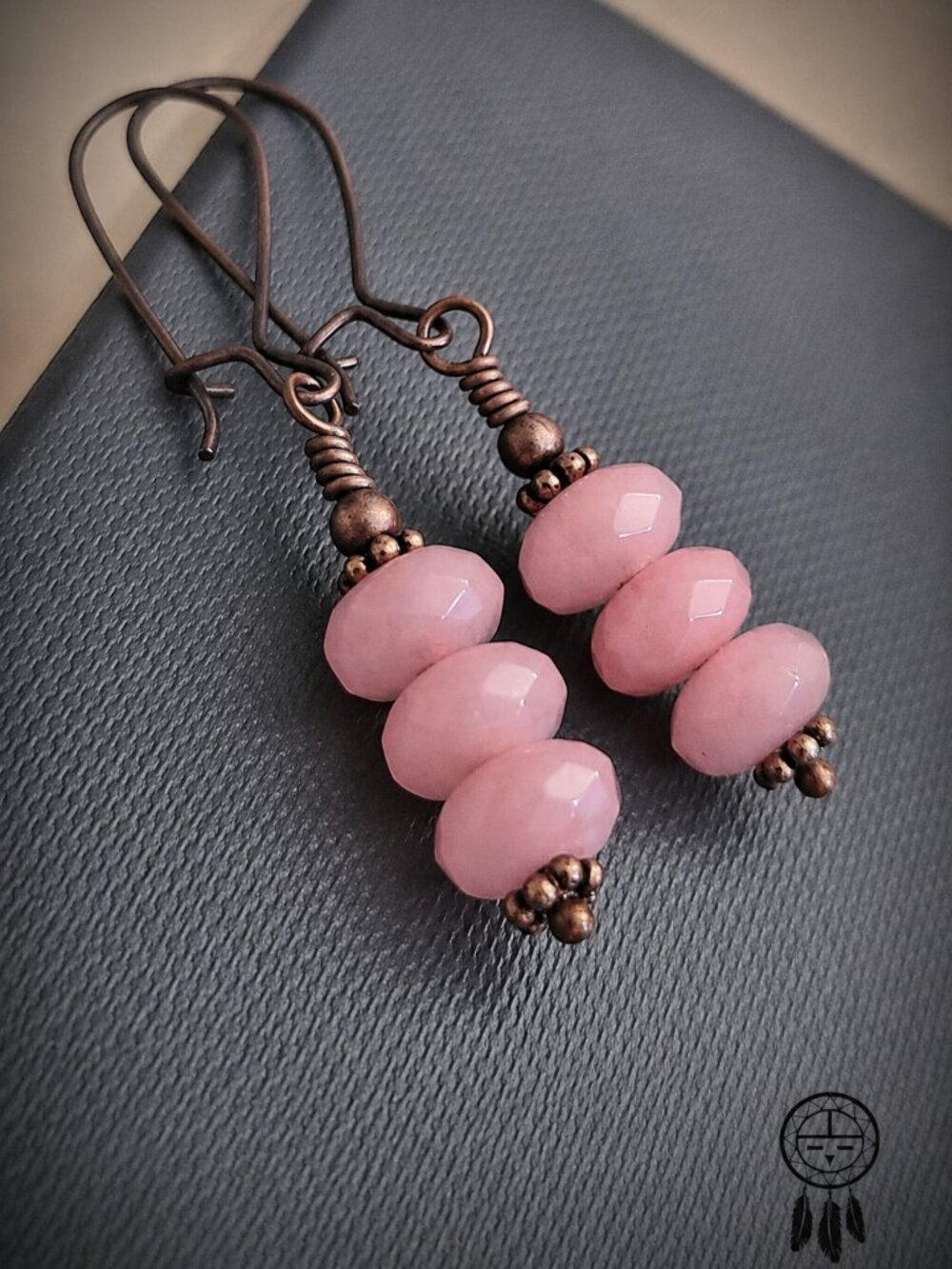Rose Quartz Earrings Copper Dangles Pink Gemstone Boho Artisan Handmade - Picture 6 of 9